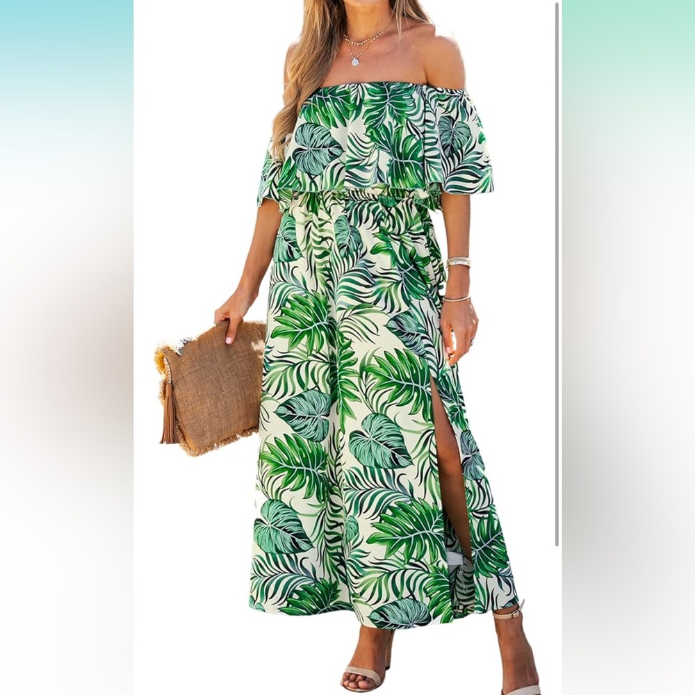 Cupshe Green Leaf Print Off-Shoulder Maxi Dress